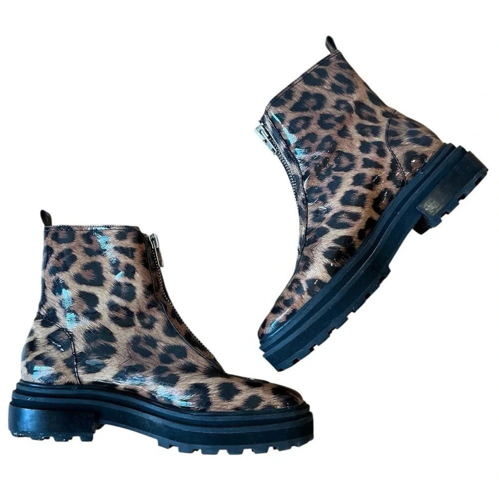 SCHUTZ Maryele Leopard Patent Print Combat Boots Size 9.5B